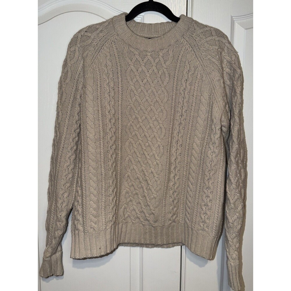 Lands End Sweater Mens Medium Cream 90s Lambswool Cable Chunky Knit Fisherman